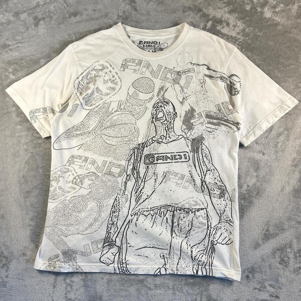 Vintage Y2K And1 Streetball White All Over Print Graphic T-shirt Men's Size L